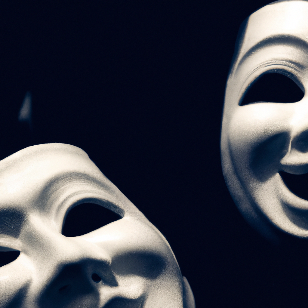 Abstract minimalist theatre masks banner illustrating dramaturgy concepts and storytelling beats